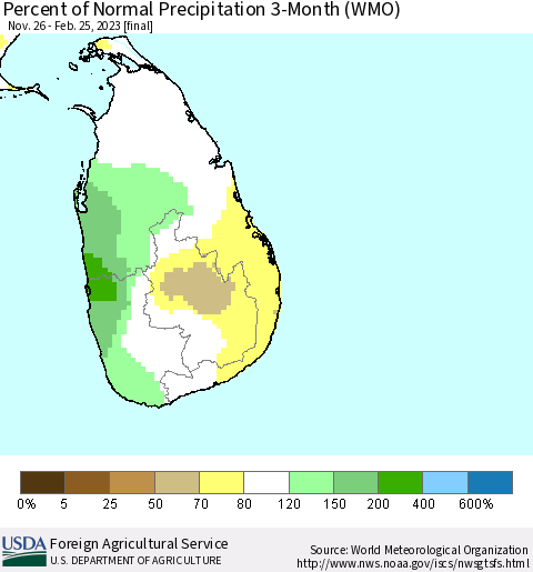 Sri Lanka Percent of Normal Precipitation 3-Month (WMO) Thematic Map For 11/26/2022 - 2/25/2023