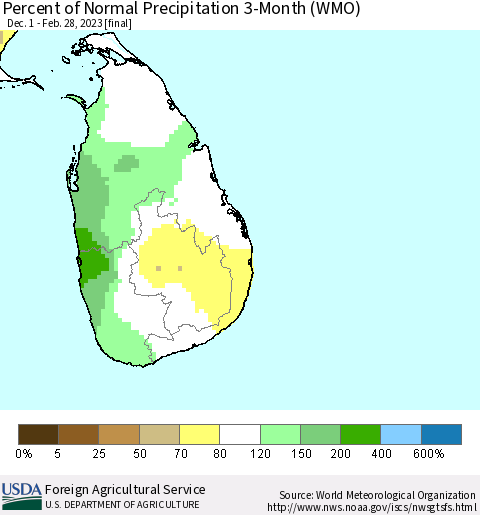 Sri Lanka Percent of Normal Precipitation 3-Month (WMO) Thematic Map For 12/1/2022 - 2/28/2023