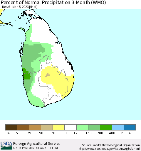 Sri Lanka Percent of Normal Precipitation 3-Month (WMO) Thematic Map For 12/6/2022 - 3/5/2023
