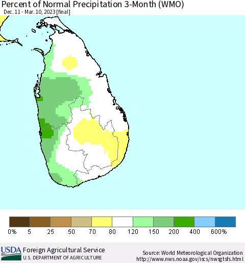 Sri Lanka Percent of Normal Precipitation 3-Month (WMO) Thematic Map For 12/11/2022 - 3/10/2023