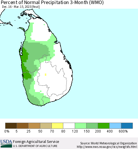 Sri Lanka Percent of Normal Precipitation 3-Month (WMO) Thematic Map For 12/16/2022 - 3/15/2023