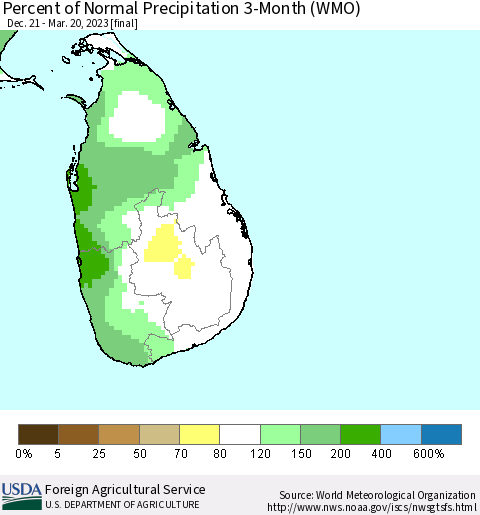 Sri Lanka Percent of Normal Precipitation 3-Month (WMO) Thematic Map For 12/21/2022 - 3/20/2023