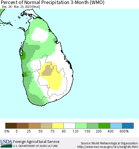 Sri Lanka Percent of Normal Precipitation 3-Month (WMO) Thematic Map For 12/26/2022 - 3/25/2023