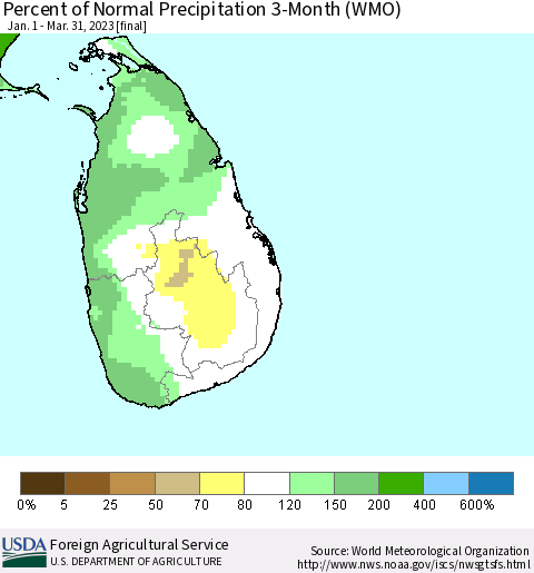 Sri Lanka Percent of Normal Precipitation 3-Month (WMO) Thematic Map For 1/1/2023 - 3/31/2023