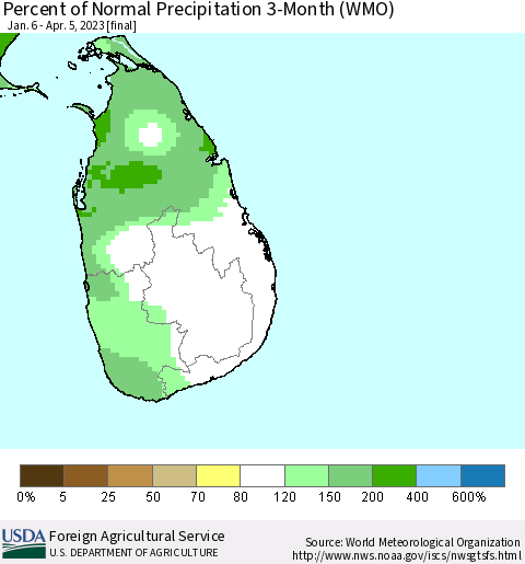Sri Lanka Percent of Normal Precipitation 3-Month (WMO) Thematic Map For 1/6/2023 - 4/5/2023