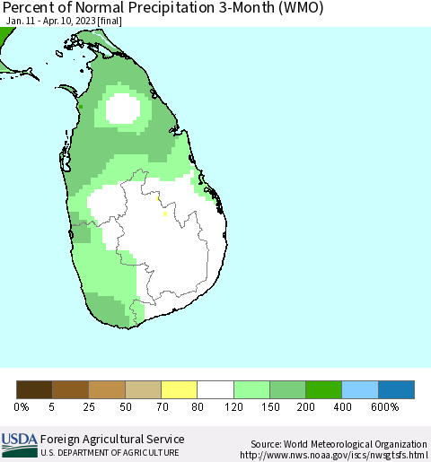 Sri Lanka Percent of Normal Precipitation 3-Month (WMO) Thematic Map For 1/11/2023 - 4/10/2023