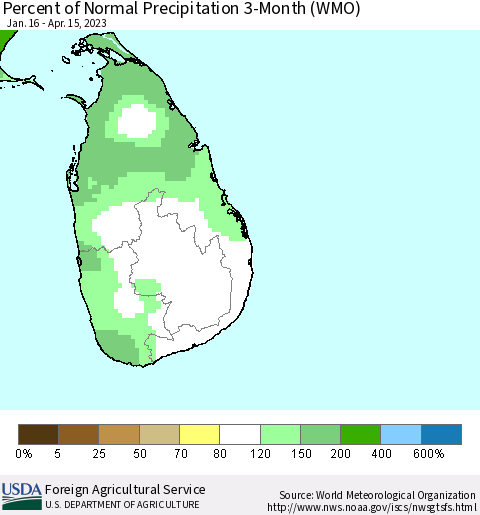 Sri Lanka Percent of Normal Precipitation 3-Month (WMO) Thematic Map For 1/16/2023 - 4/15/2023