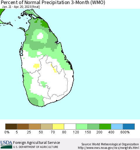 Sri Lanka Percent of Normal Precipitation 3-Month (WMO) Thematic Map For 1/21/2023 - 4/20/2023