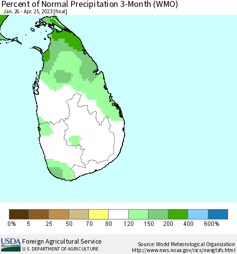 Sri Lanka Percent of Normal Precipitation 3-Month (WMO) Thematic Map For 1/26/2023 - 4/25/2023