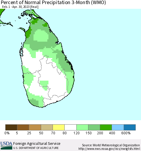Sri Lanka Percent of Normal Precipitation 3-Month (WMO) Thematic Map For 2/1/2023 - 4/30/2023