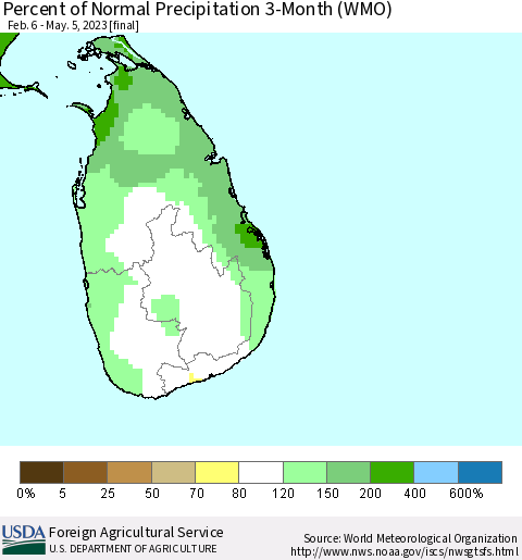 Sri Lanka Percent of Normal Precipitation 3-Month (WMO) Thematic Map For 2/6/2023 - 5/5/2023