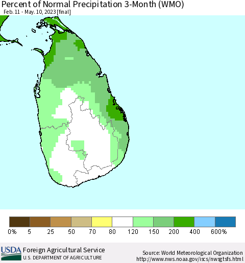 Sri Lanka Percent of Normal Precipitation 3-Month (WMO) Thematic Map For 2/11/2023 - 5/10/2023