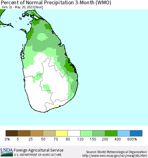 Sri Lanka Percent of Normal Precipitation 3-Month (WMO) Thematic Map For 2/21/2023 - 5/20/2023