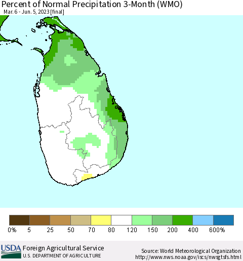Sri Lanka Percent of Normal Precipitation 3-Month (WMO) Thematic Map For 3/6/2023 - 6/5/2023