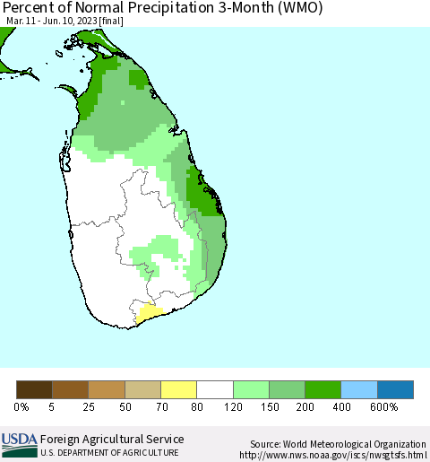 Sri Lanka Percent of Normal Precipitation 3-Month (WMO) Thematic Map For 3/11/2023 - 6/10/2023