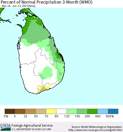 Sri Lanka Percent of Normal Precipitation 3-Month (WMO) Thematic Map For 3/16/2023 - 6/15/2023