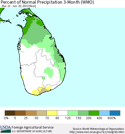 Sri Lanka Percent of Normal Precipitation 3-Month (WMO) Thematic Map For 3/21/2023 - 6/20/2023
