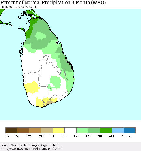 Sri Lanka Percent of Normal Precipitation 3-Month (WMO) Thematic Map For 3/26/2023 - 6/25/2023