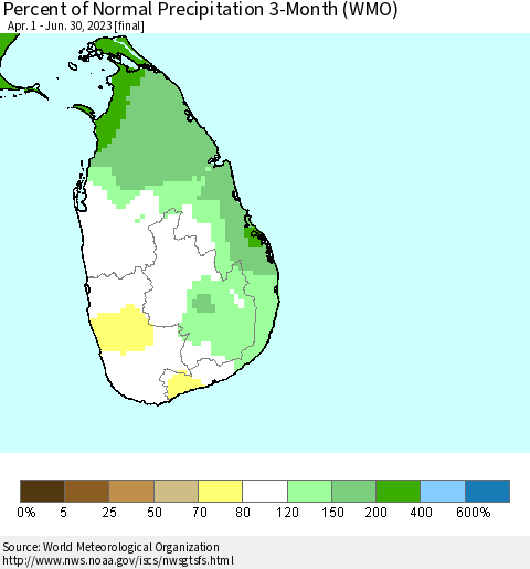 Sri Lanka Percent of Normal Precipitation 3-Month (WMO) Thematic Map For 4/1/2023 - 6/30/2023