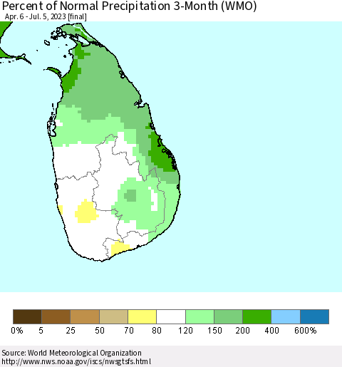 Sri Lanka Percent of Normal Precipitation 3-Month (WMO) Thematic Map For 4/6/2023 - 7/5/2023