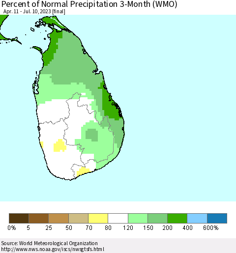 Sri Lanka Percent of Normal Precipitation 3-Month (WMO) Thematic Map For 4/11/2023 - 7/10/2023