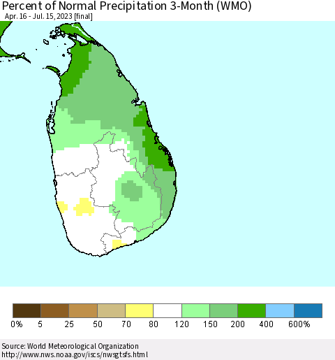 Sri Lanka Percent of Normal Precipitation 3-Month (WMO) Thematic Map For 4/16/2023 - 7/15/2023