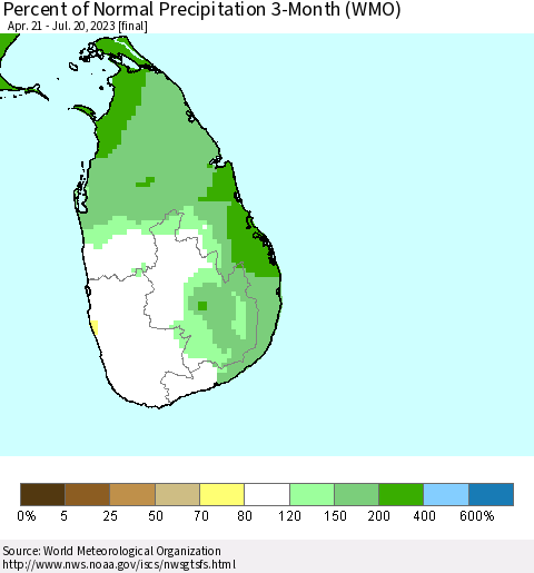 Sri Lanka Percent of Normal Precipitation 3-Month (WMO) Thematic Map For 4/21/2023 - 7/20/2023