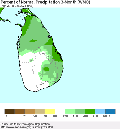 Sri Lanka Percent of Normal Precipitation 3-Month (WMO) Thematic Map For 4/26/2023 - 7/25/2023