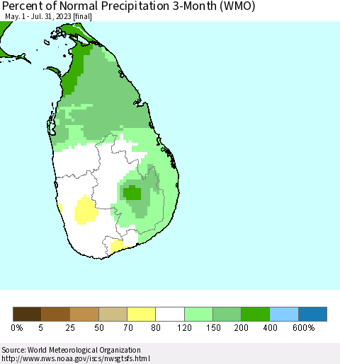 Sri Lanka Percent of Normal Precipitation 3-Month (WMO) Thematic Map For 5/1/2023 - 7/31/2023