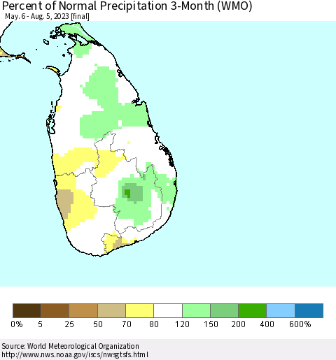 Sri Lanka Percent of Normal Precipitation 3-Month (WMO) Thematic Map For 5/6/2023 - 8/5/2023