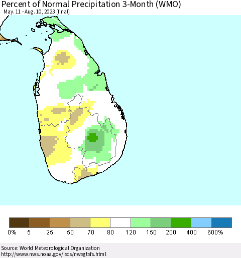 Sri Lanka Percent of Normal Precipitation 3-Month (WMO) Thematic Map For 5/11/2023 - 8/10/2023