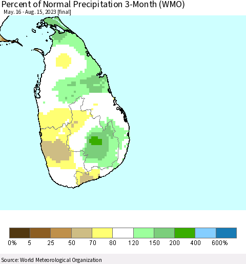 Sri Lanka Percent of Normal Precipitation 3-Month (WMO) Thematic Map For 5/16/2023 - 8/15/2023