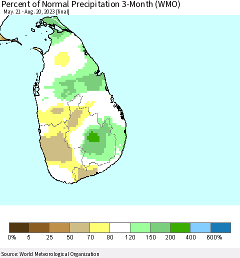 Sri Lanka Percent of Normal Precipitation 3-Month (WMO) Thematic Map For 5/21/2023 - 8/20/2023