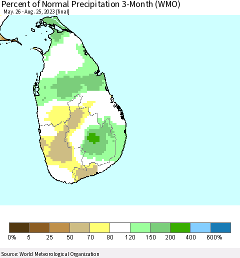 Sri Lanka Percent of Normal Precipitation 3-Month (WMO) Thematic Map For 5/26/2023 - 8/25/2023