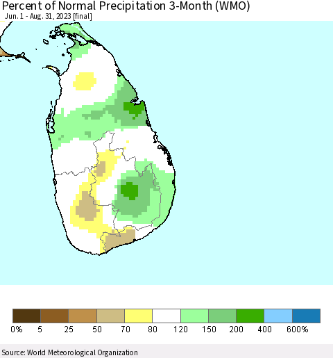 Sri Lanka Percent of Normal Precipitation 3-Month (WMO) Thematic Map For 6/1/2023 - 8/31/2023