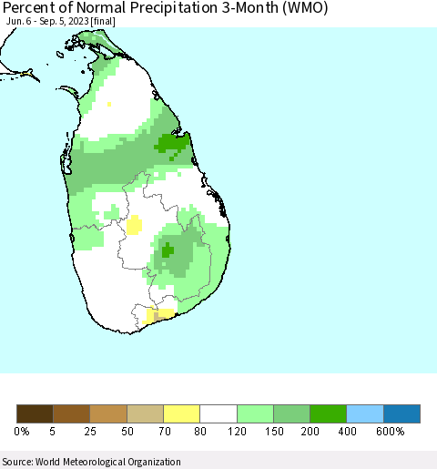 Sri Lanka Percent of Normal Precipitation 3-Month (WMO) Thematic Map For 6/6/2023 - 9/5/2023