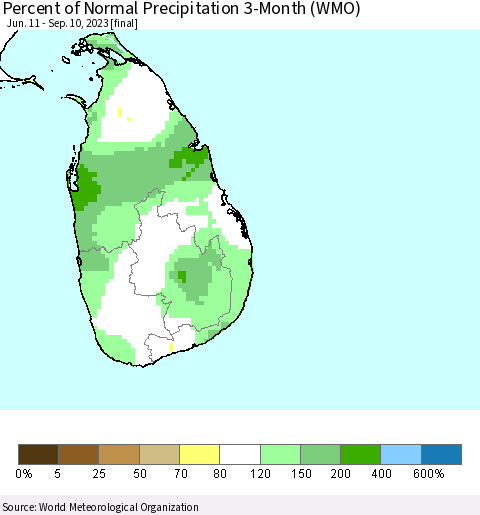 Sri Lanka Percent of Normal Precipitation 3-Month (WMO) Thematic Map For 6/11/2023 - 9/10/2023