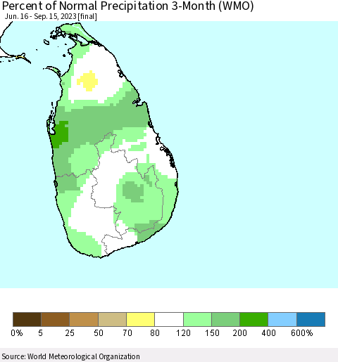 Sri Lanka Percent of Normal Precipitation 3-Month (WMO) Thematic Map For 6/16/2023 - 9/15/2023
