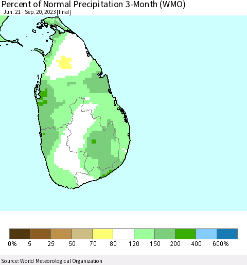 Sri Lanka Percent of Normal Precipitation 3-Month (WMO) Thematic Map For 6/21/2023 - 9/20/2023
