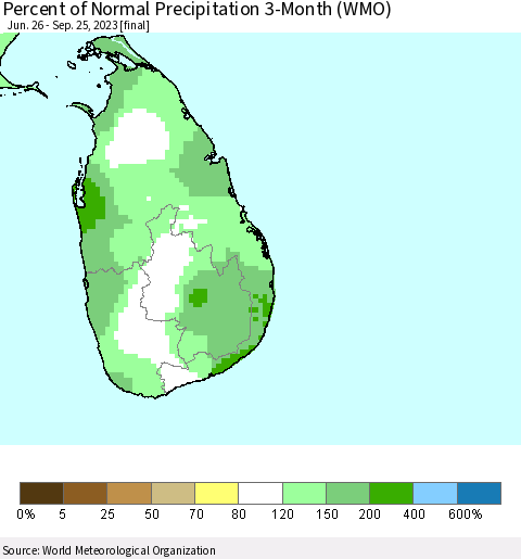 Sri Lanka Percent of Normal Precipitation 3-Month (WMO) Thematic Map For 6/26/2023 - 9/25/2023