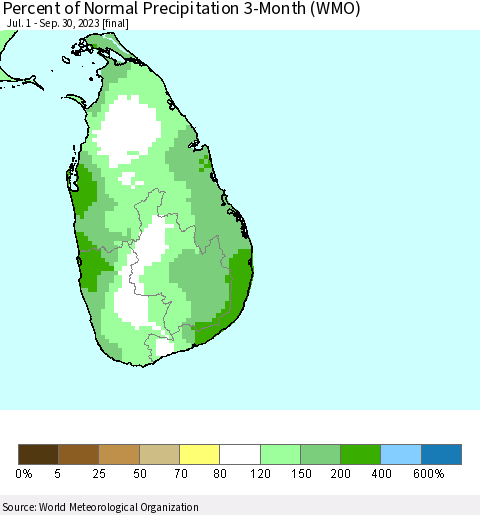Sri Lanka Percent of Normal Precipitation 3-Month (WMO) Thematic Map For 7/1/2023 - 9/30/2023