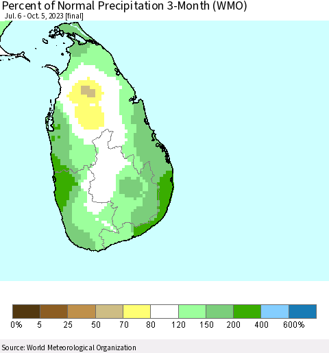 Sri Lanka Percent of Normal Precipitation 3-Month (WMO) Thematic Map For 7/6/2023 - 10/5/2023