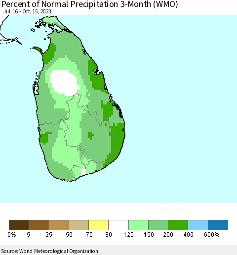 Sri Lanka Percent of Normal Precipitation 3-Month (WMO) Thematic Map For 7/16/2023 - 10/15/2023