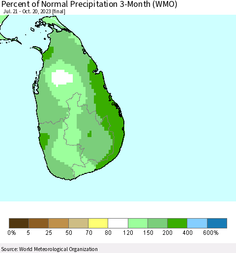 Sri Lanka Percent of Normal Precipitation 3-Month (WMO) Thematic Map For 7/21/2023 - 10/20/2023