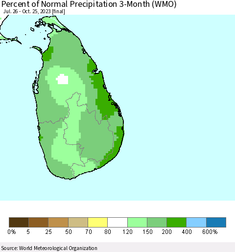 Sri Lanka Percent of Normal Precipitation 3-Month (WMO) Thematic Map For 7/26/2023 - 10/25/2023