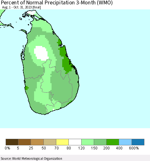 Sri Lanka Percent of Normal Precipitation 3-Month (WMO) Thematic Map For 8/1/2023 - 10/31/2023