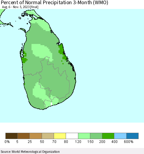 Sri Lanka Percent of Normal Precipitation 3-Month (WMO) Thematic Map For 8/6/2023 - 11/5/2023