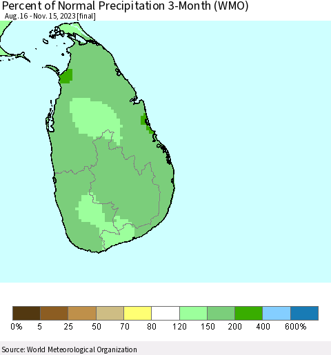 Sri Lanka Percent of Normal Precipitation 3-Month (WMO) Thematic Map For 8/16/2023 - 11/15/2023