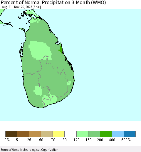 Sri Lanka Percent of Normal Precipitation 3-Month (WMO) Thematic Map For 8/21/2023 - 11/20/2023