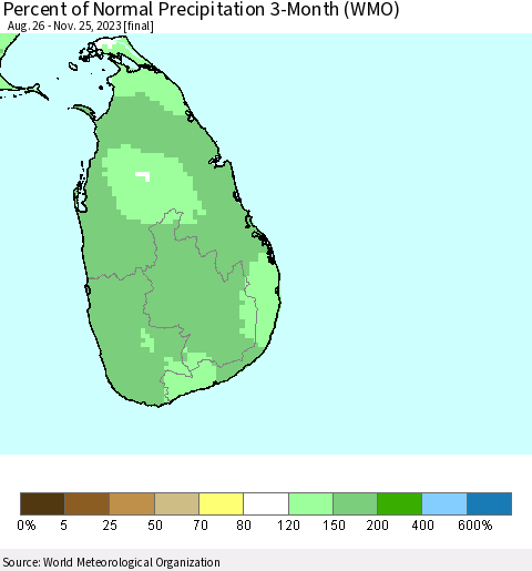 Sri Lanka Percent of Normal Precipitation 3-Month (WMO) Thematic Map For 8/26/2023 - 11/25/2023